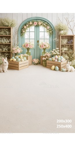 Tło fotograficzne z pastelowymi jajkami, królikami i kwiatową aranżacją | E578